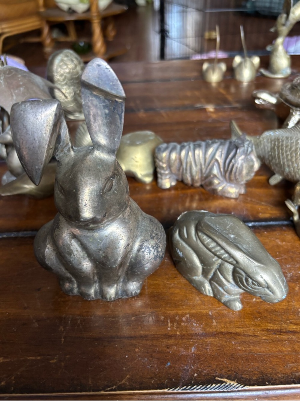 Brass Rabbit Figurine with Small Frog Accent - Metallic Bronze